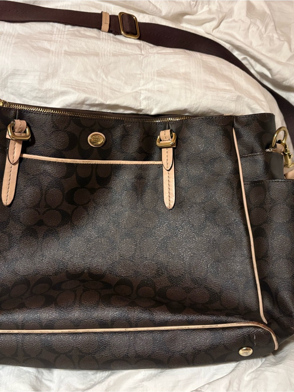 Coach Brown Signature Tote with Pale Pink Trim